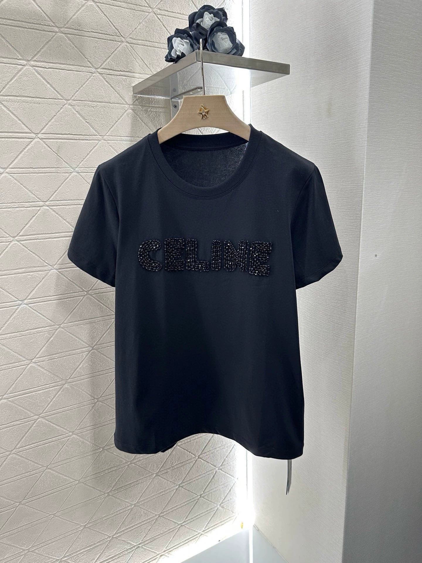 Ce 25 New Studded embroidery letters round neck short sleeve T-shirt
