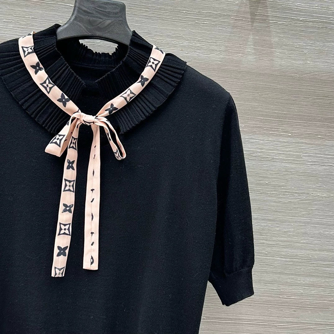 L 25 Spring/Summer New Lace Stand-up Collar Real Ribbon Short Sleeve