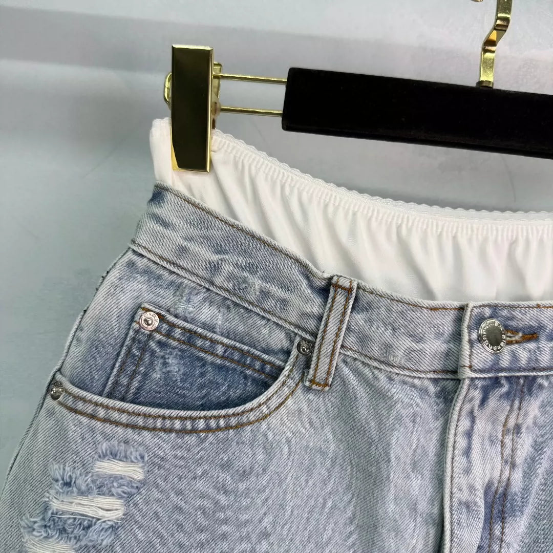 A 25 new ripped removable double waist head denim shorts
