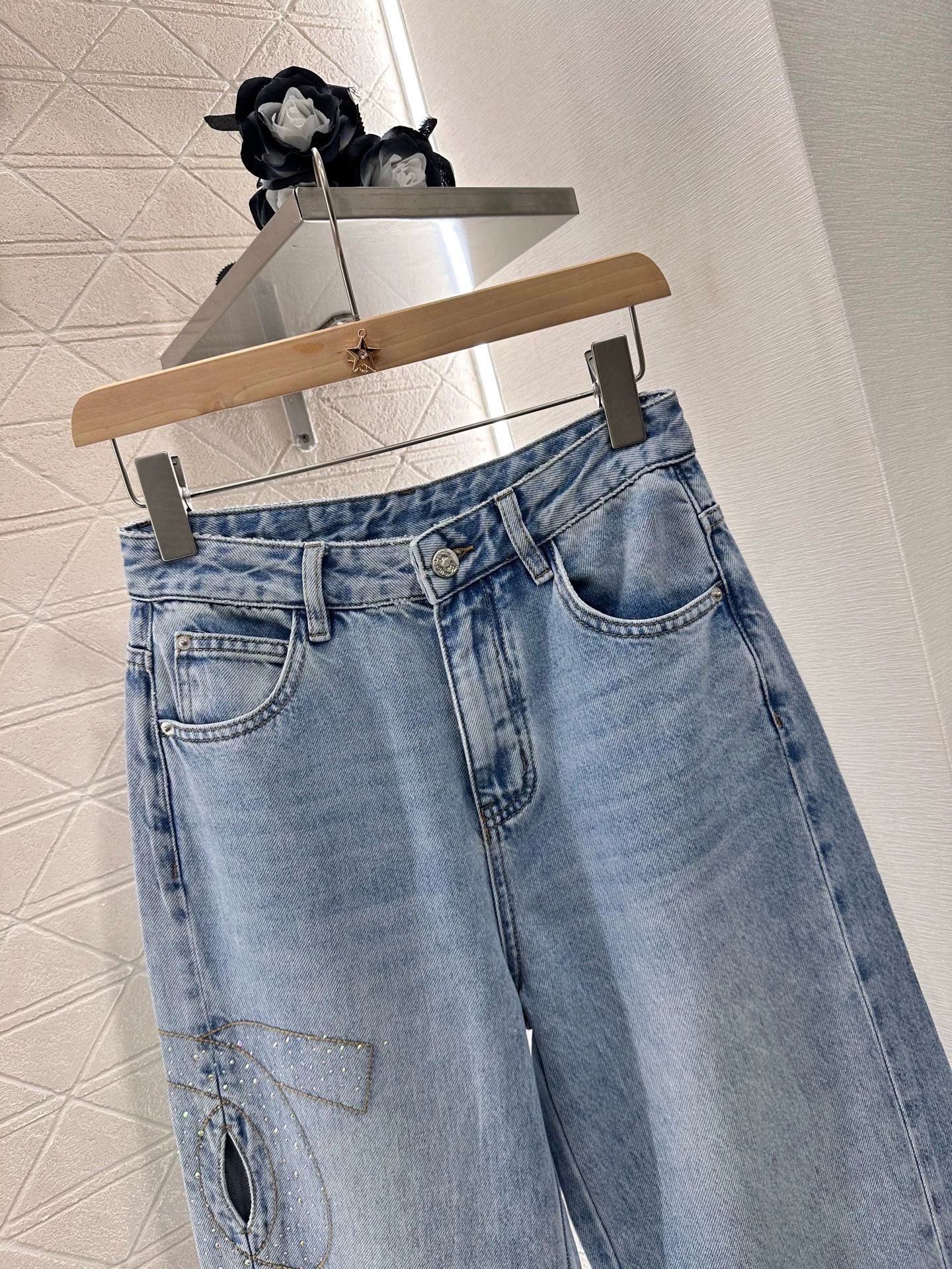 C 25 Wide Leg Rhinestone Denim Trousers