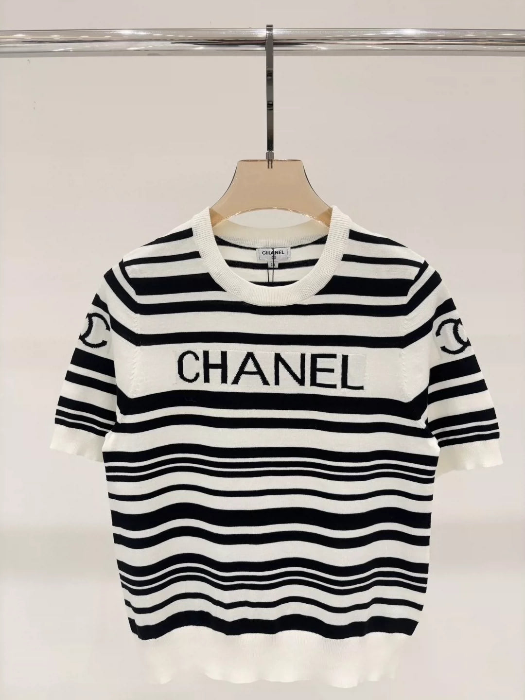 C 25 Summer New Black and White Striped Letter Logo Jacquard Knitted Short Sleeves