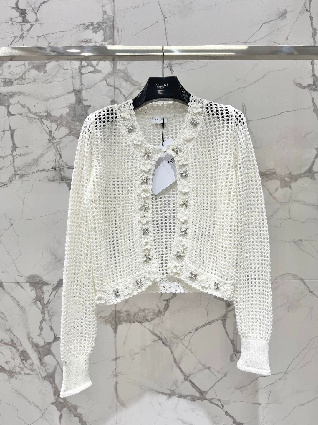 CE 25 new retro heavy-duty pearl diamond decoration lace crochet knitted cardigan