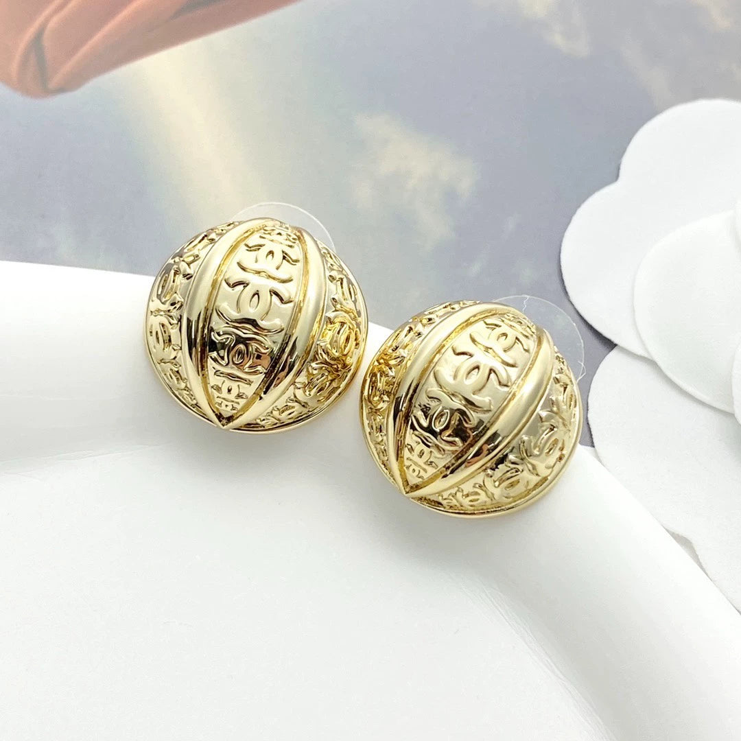 C 25 Vintage Metal Double C Half Ball Stud Earrings