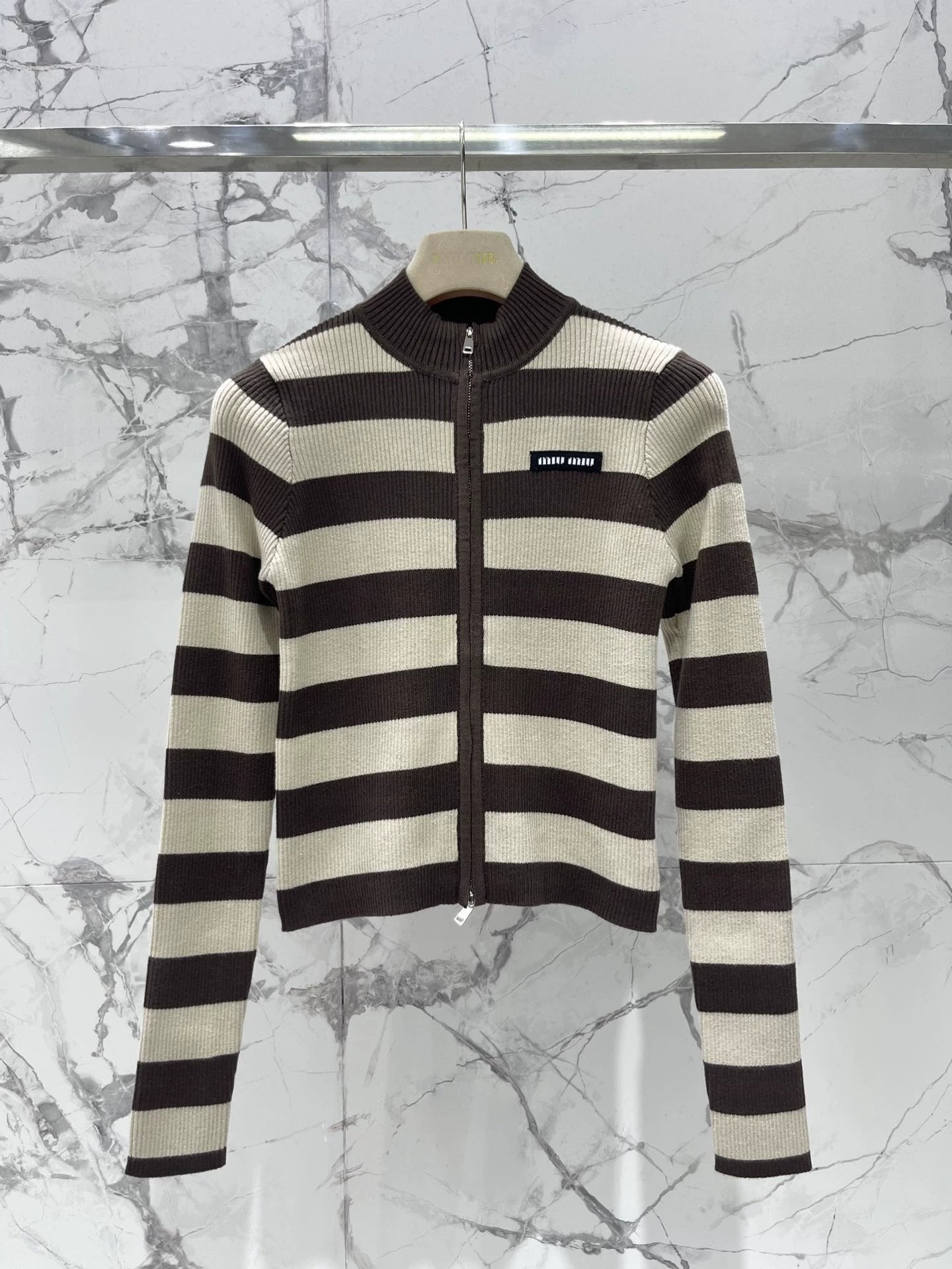 M 25 new logo contrast stripe zipper long sleeve knitted cardigan