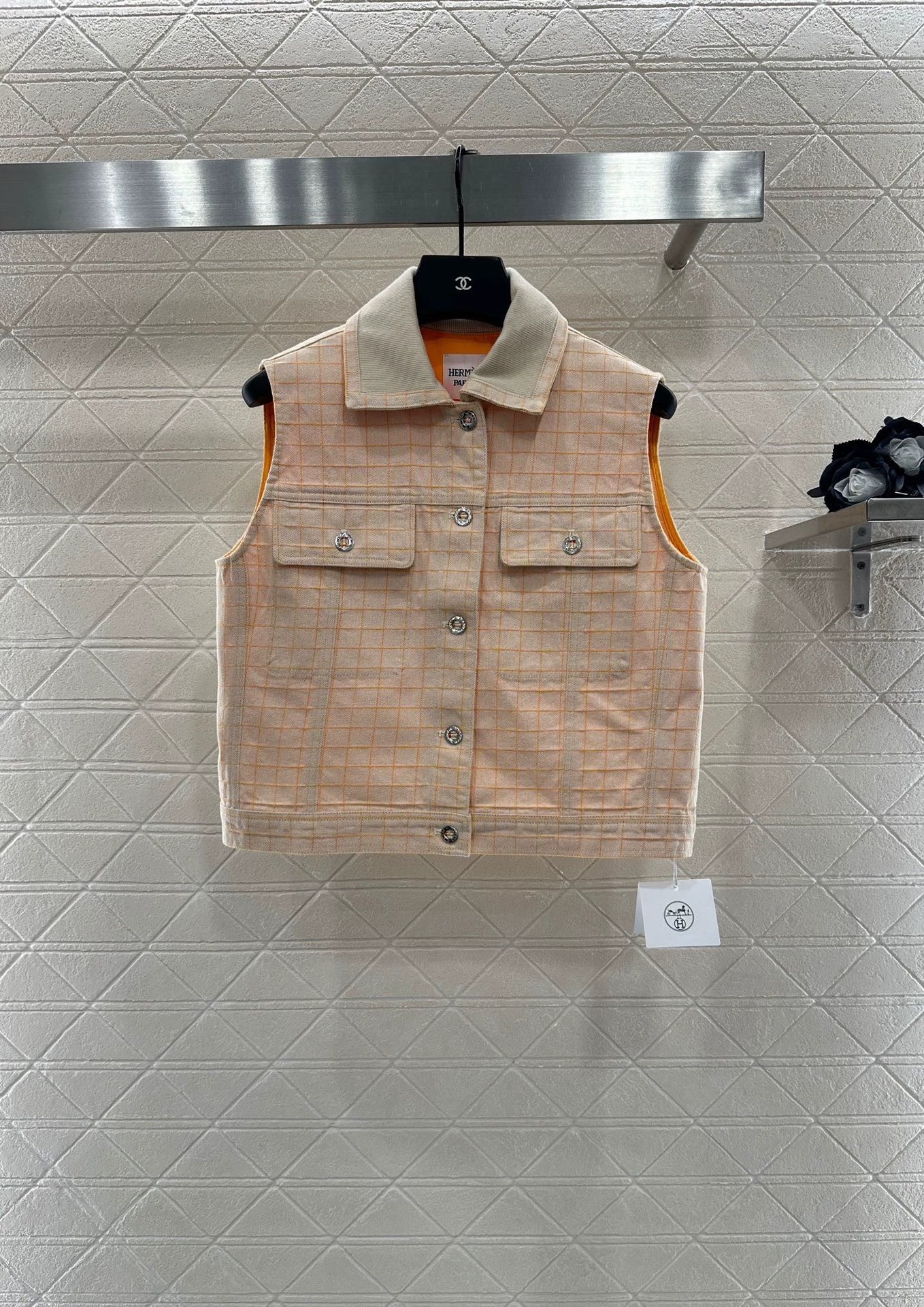 H 25 Positioned Check Lapel Denim Vest