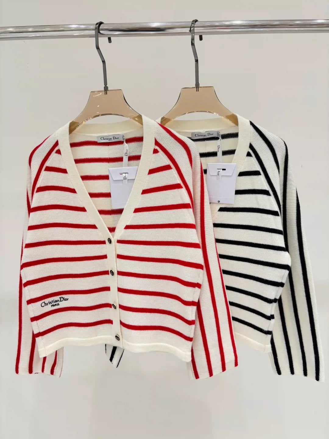 D 25 Spring and Summer new V-neck letter logo embroidery stripes contrast color casual knitted cardigan