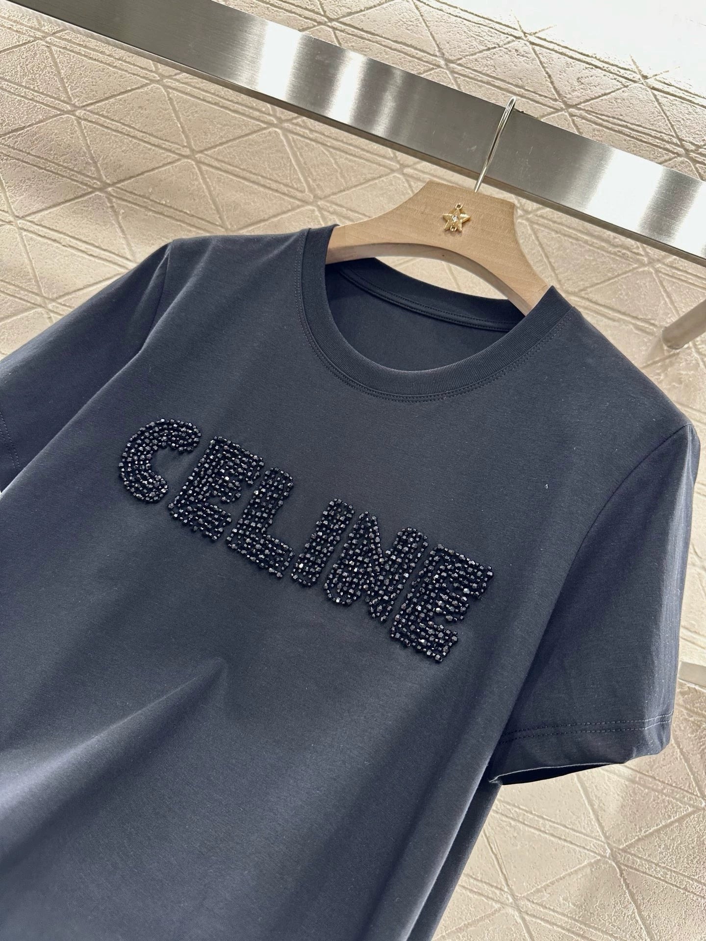 Ce 25 New Studded embroidery letters round neck short sleeve T-shirt