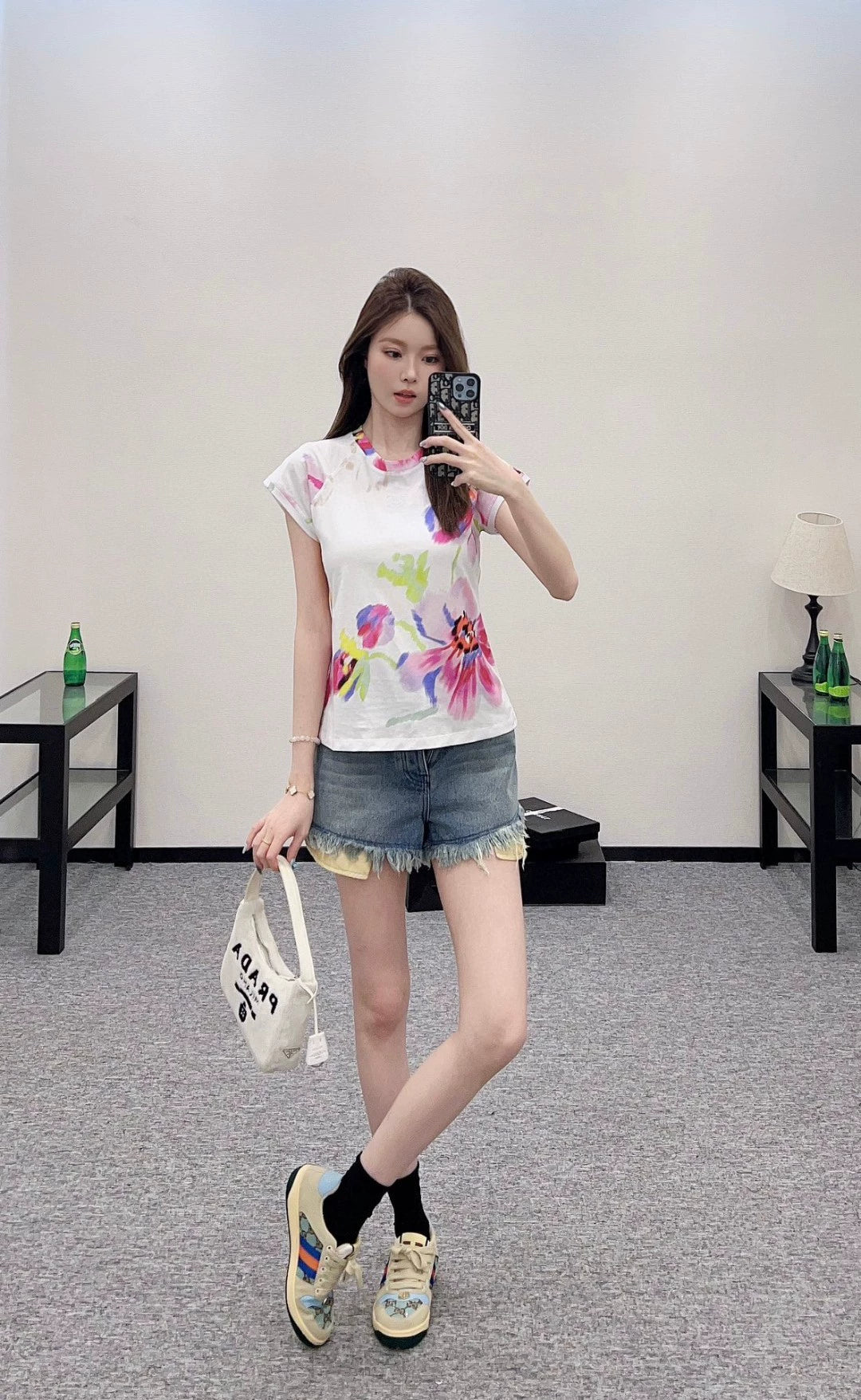 LO 25 New Swoosh Floral Print Round Neck Short Sleeve T-Shirt