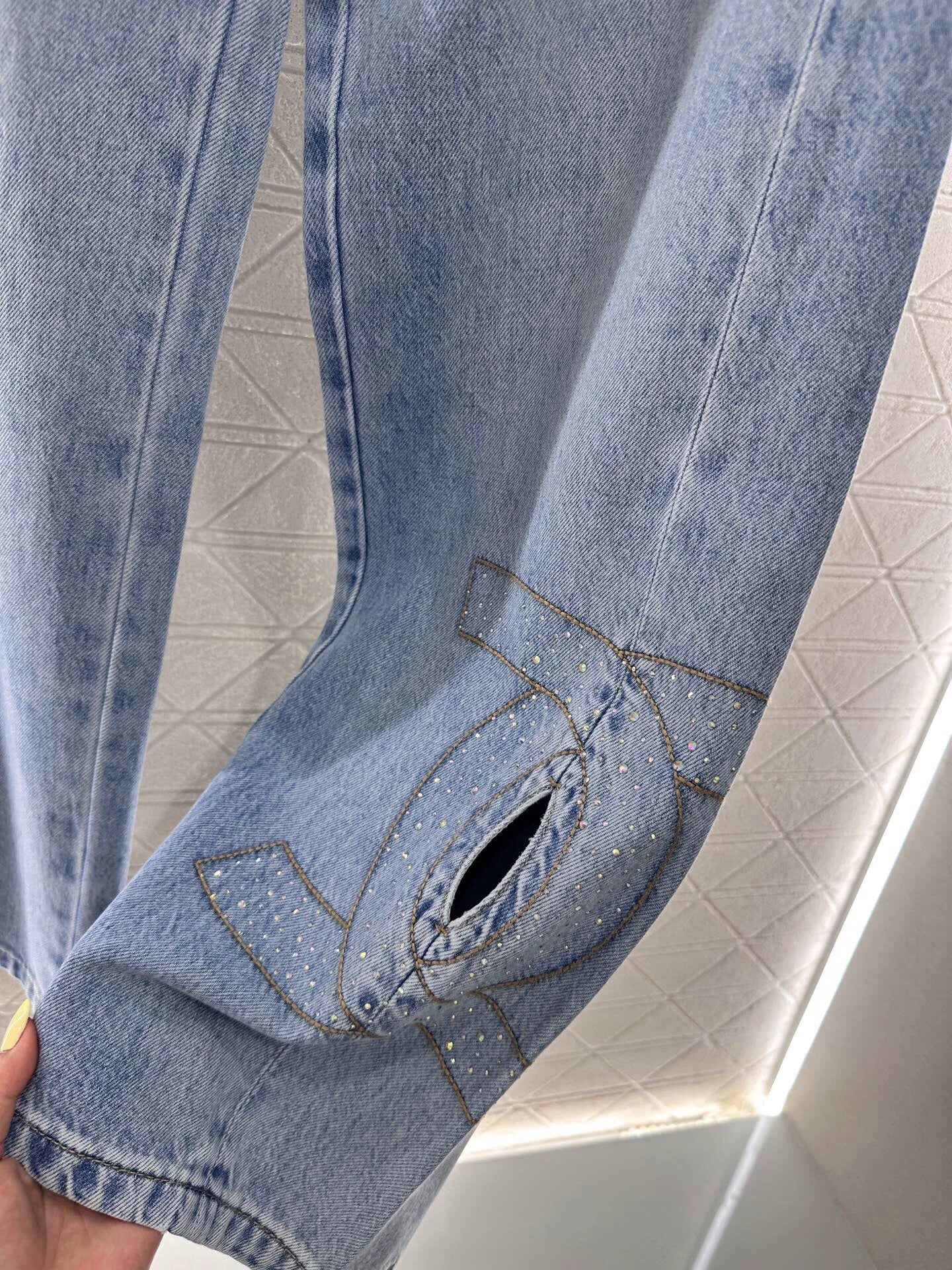 C 25 Wide Leg Rhinestone Denim Trousers