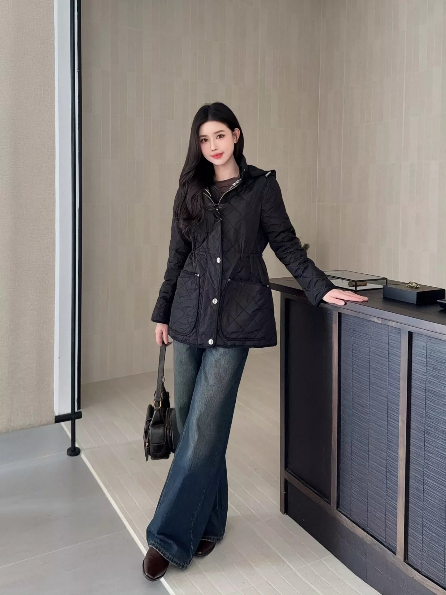 BRU 25 New Diamond Quilted Hooded Down Jacket Mid-Length Jacket
