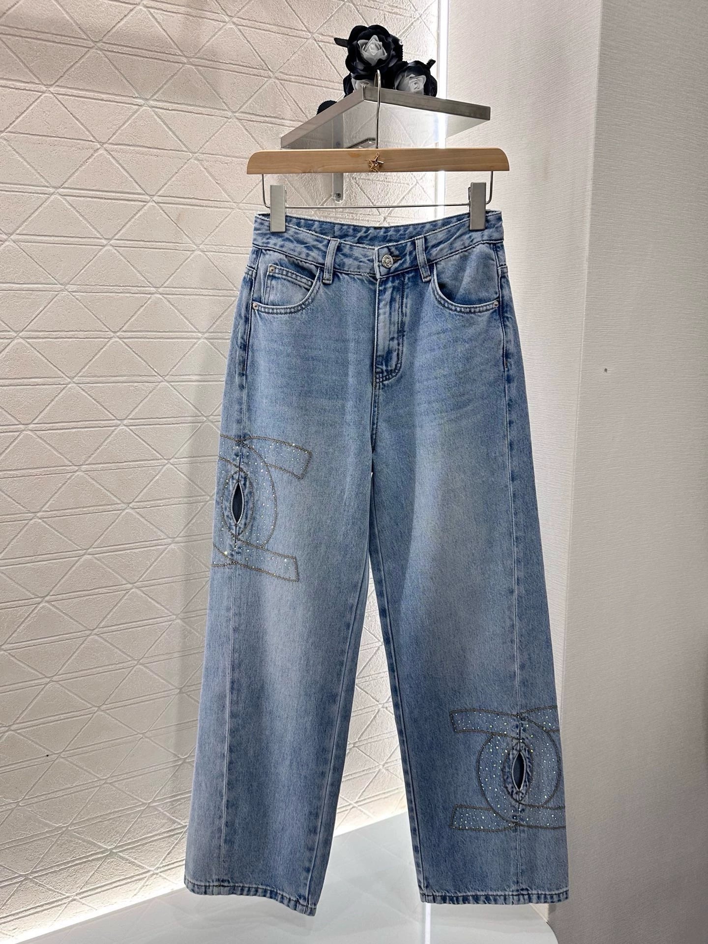 C 25 Wide Leg Rhinestone Denim Trousers