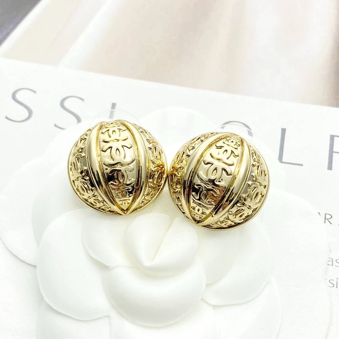 C 25 Vintage Metal Double C Half Ball Stud Earrings
