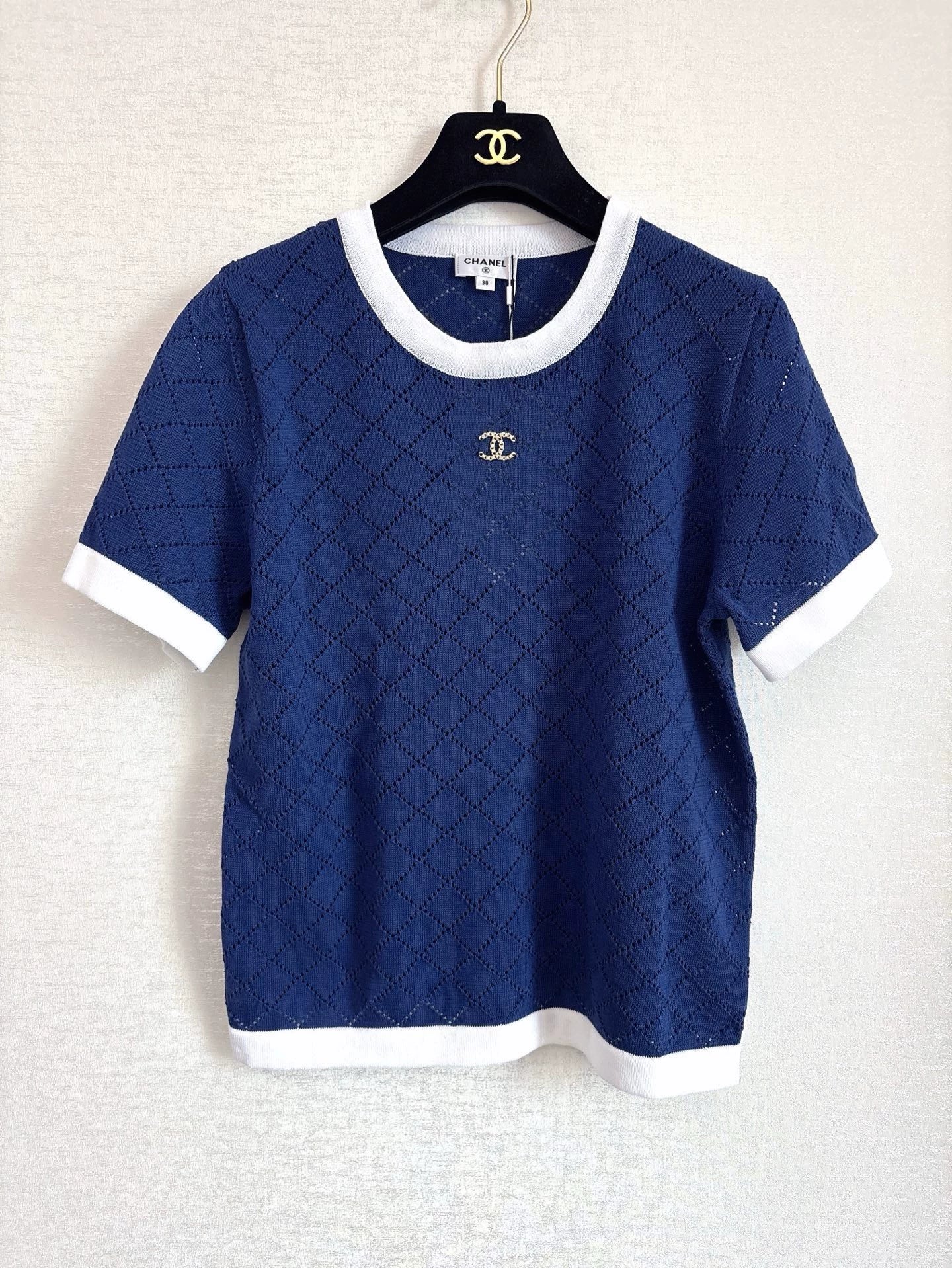 C 25 New Hollow Checkered Knit Short Sleeve
