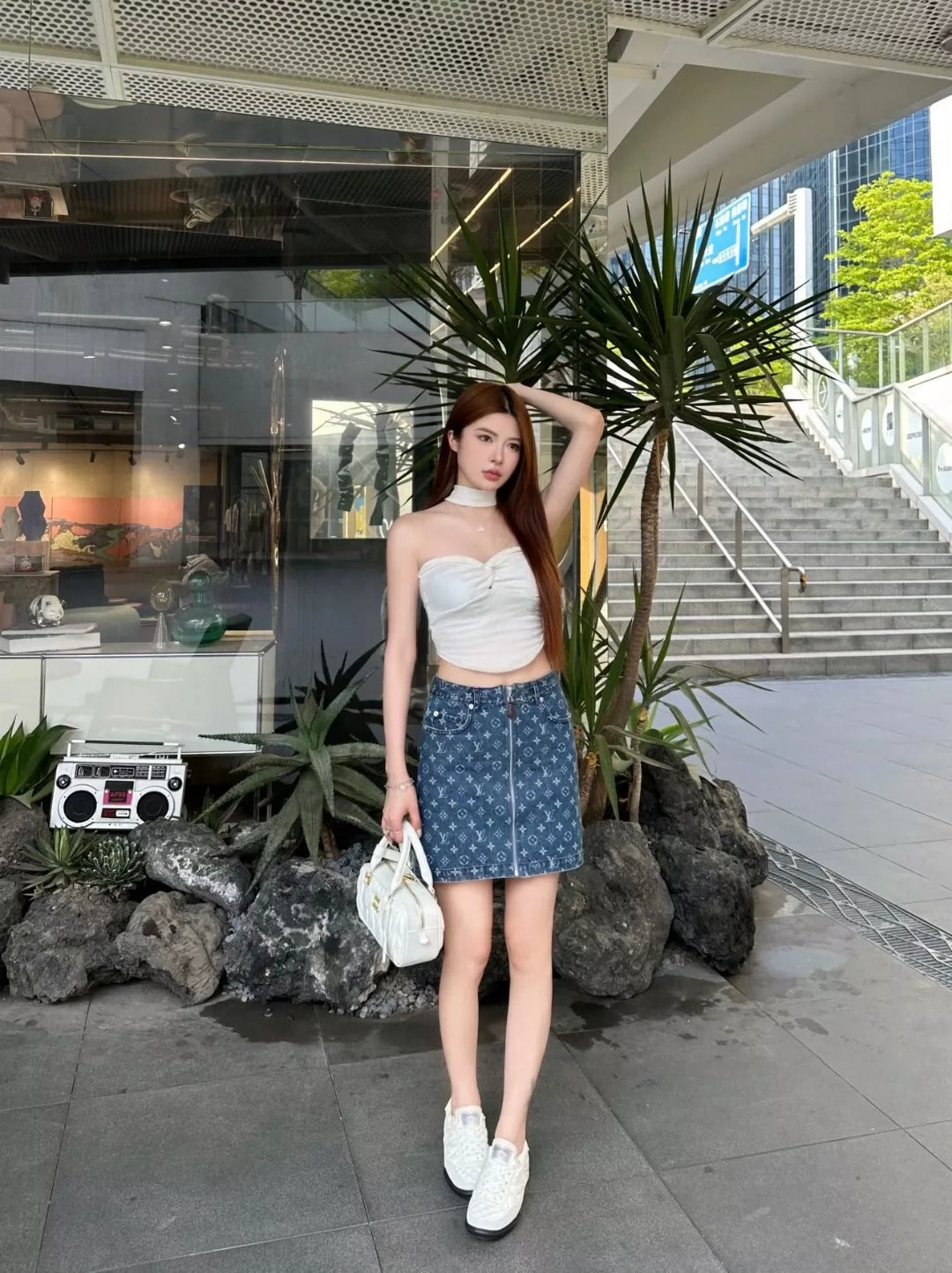 L 25 Colorblocked Printed Zipper Denim Half Skirt