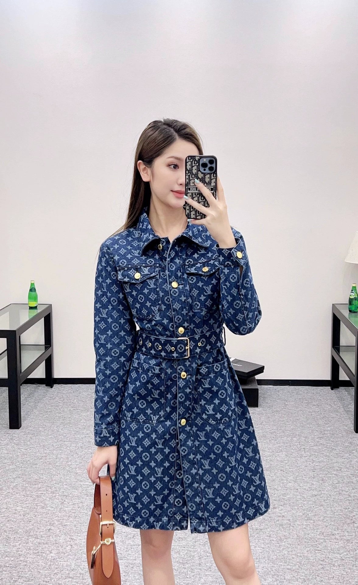 L 25 Jacquard belted denim dress