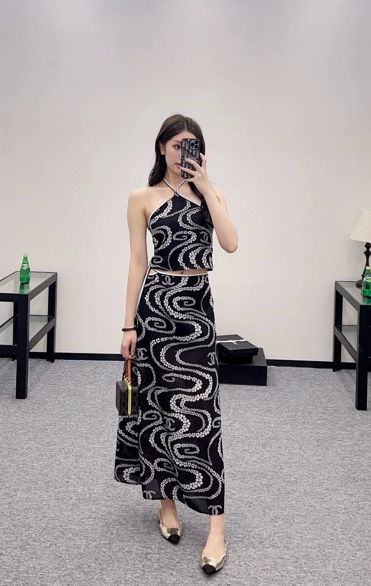 C 25 Printed Hanging Neck Vest Long Skirt Set(black pink orange)