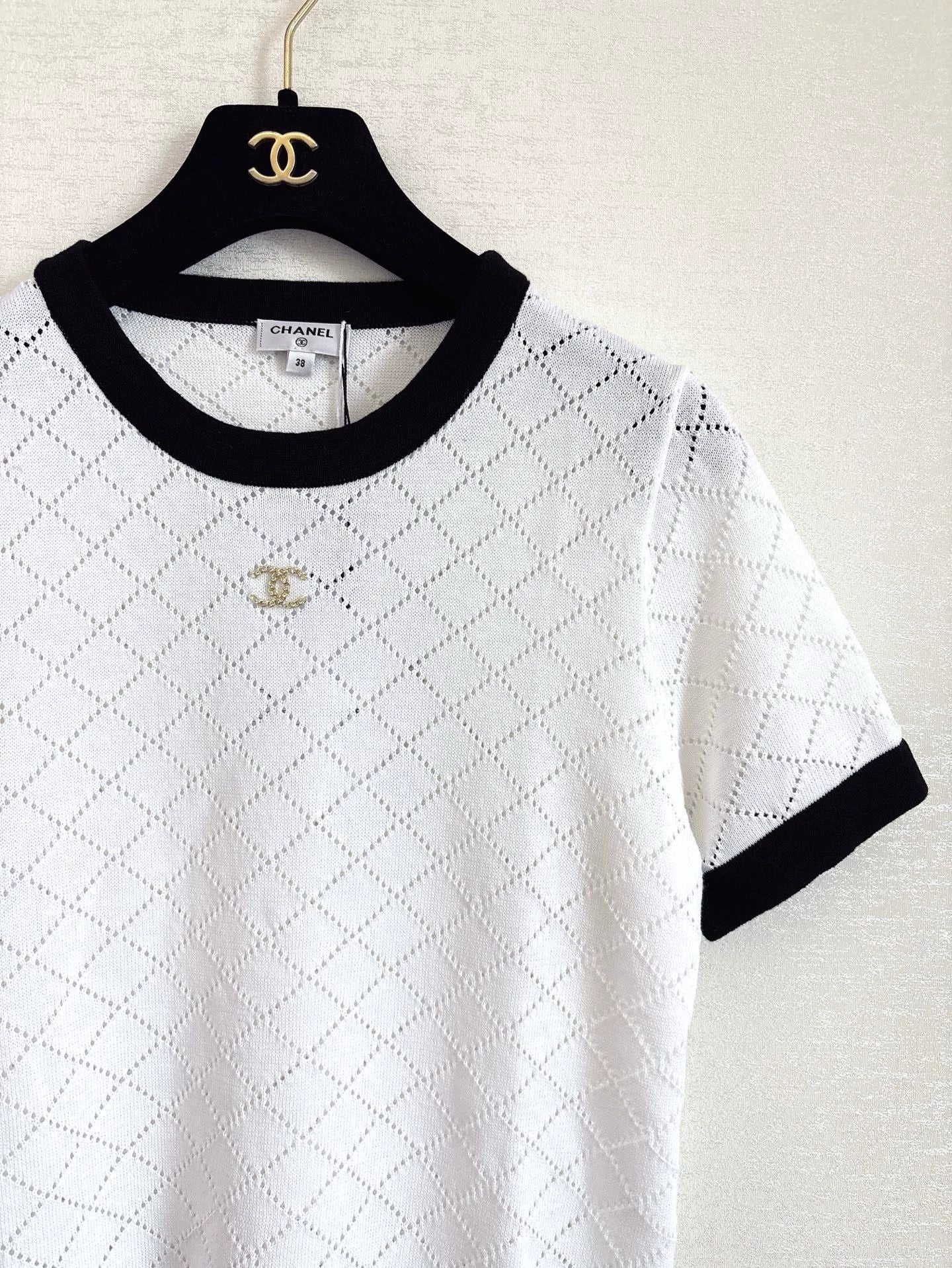 C 25 New Hollow Checkered Knit Short Sleeve
