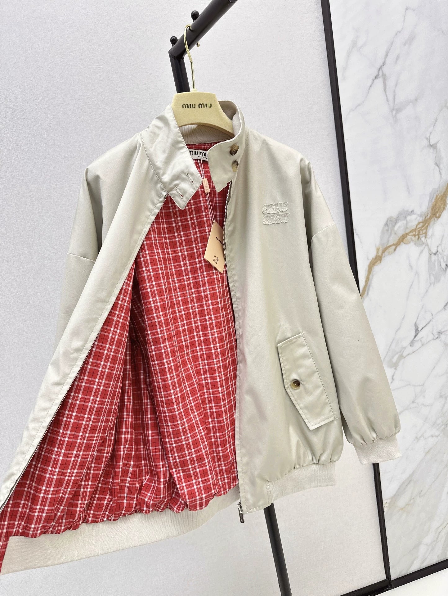 M 25Ss Fall/Winter New Khaki Contrast Red Checkered Jacket Oversized Coat
