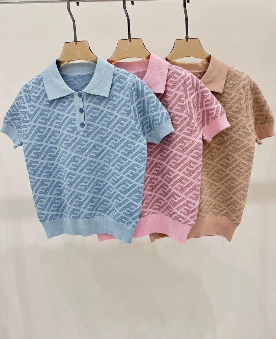 F 25 New Alphabet Slash All Over Printed Lapel Short Sleeve