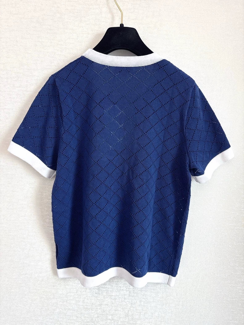 C 25 New Hollow Checkered Knit Short Sleeve