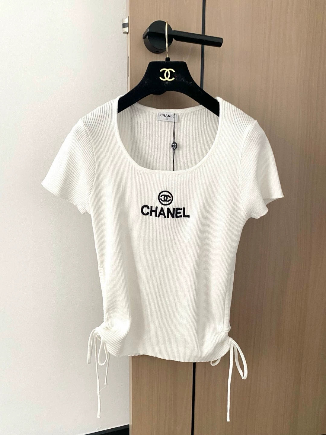 C 25 new embroidered letter drawstring U-neck short-sleeved knitted top