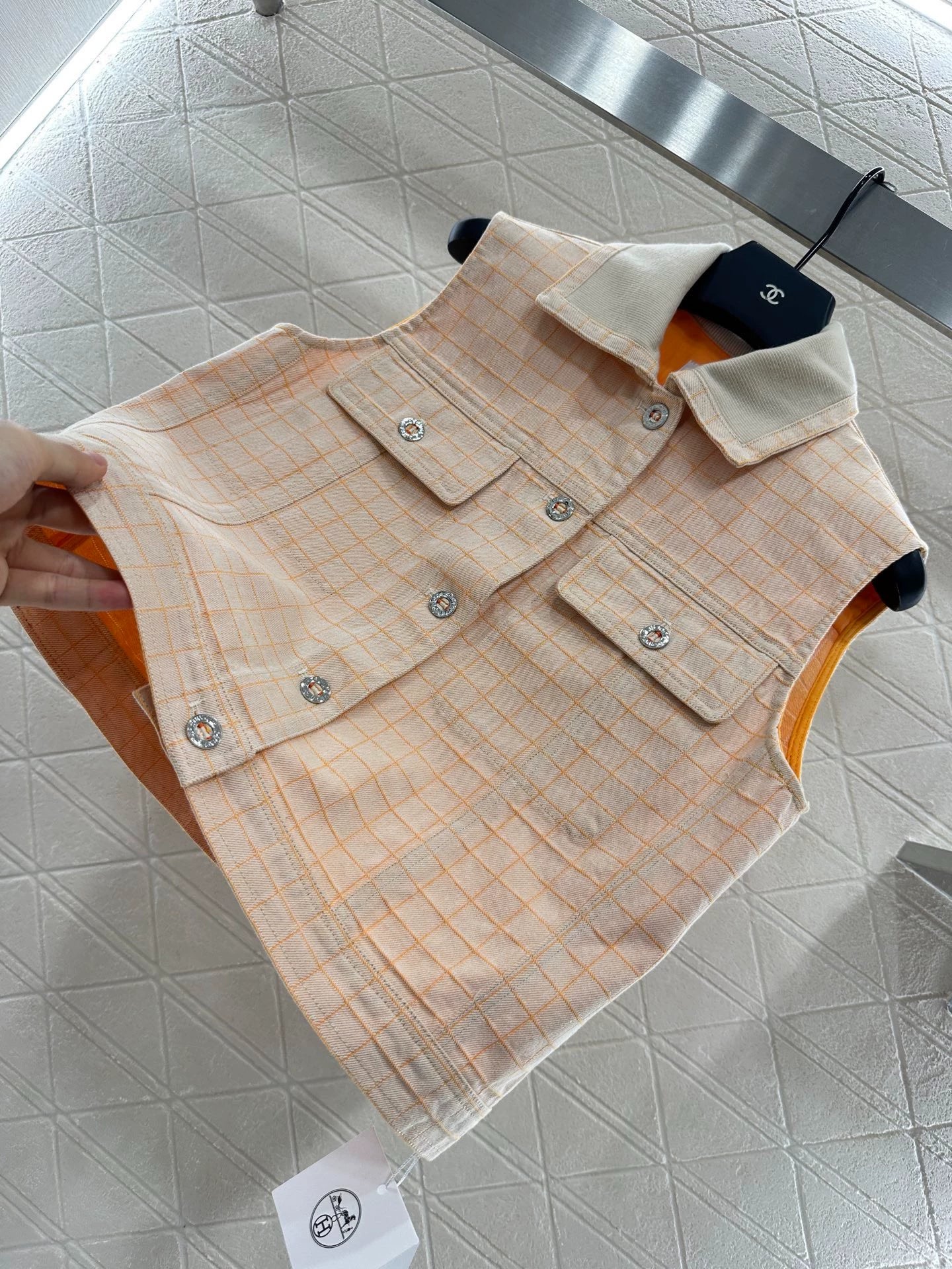 H 25 Positioned Check Lapel Denim Vest