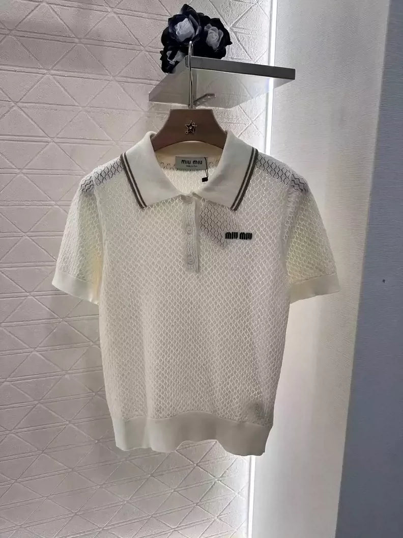 M 25 Hollow knitted lapel short-sleeved top!