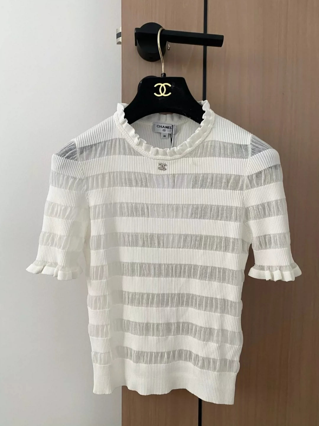 C 25 New Striped Hollow Round Neck Short Sleeve Knit
