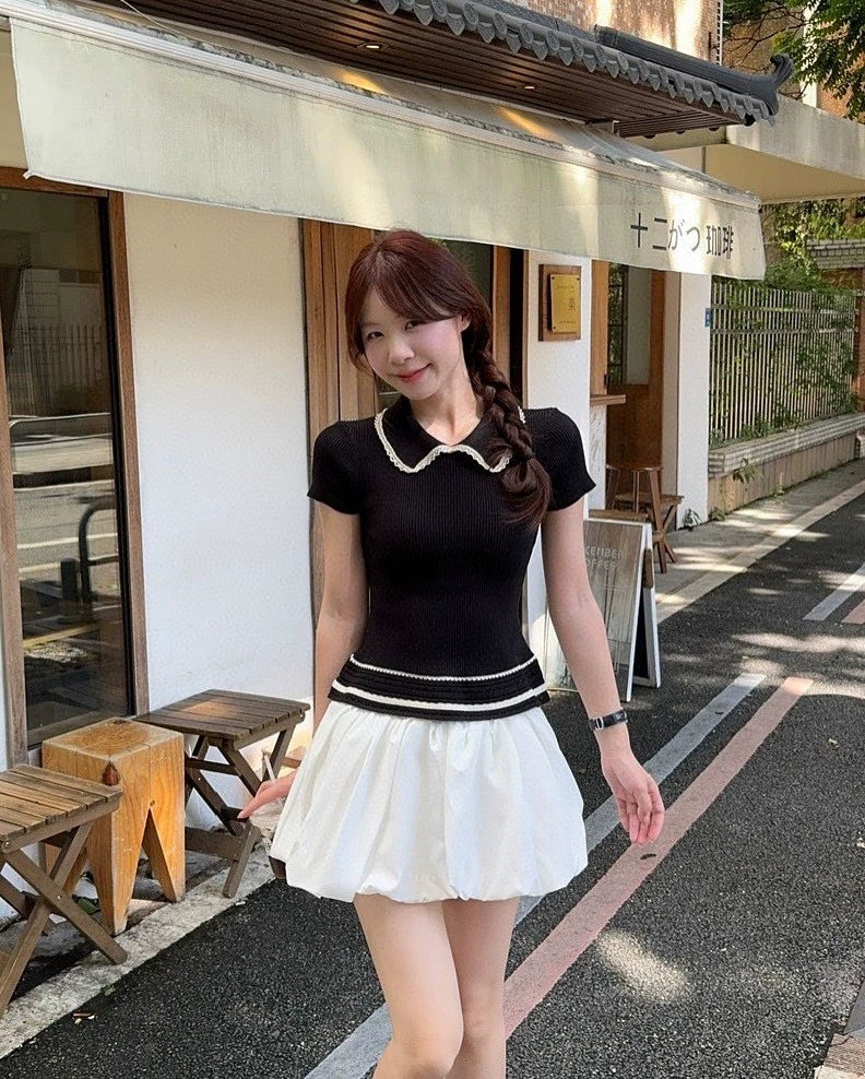 M 25 new crochet doll collar slim fit short sleeve knit