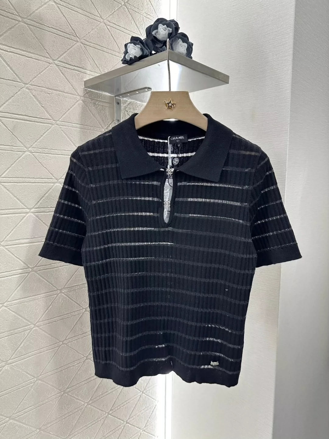 C 25 Spring/Summer New Hollow Front Striped Knit Short Sleeve Top(white gray pink balck)