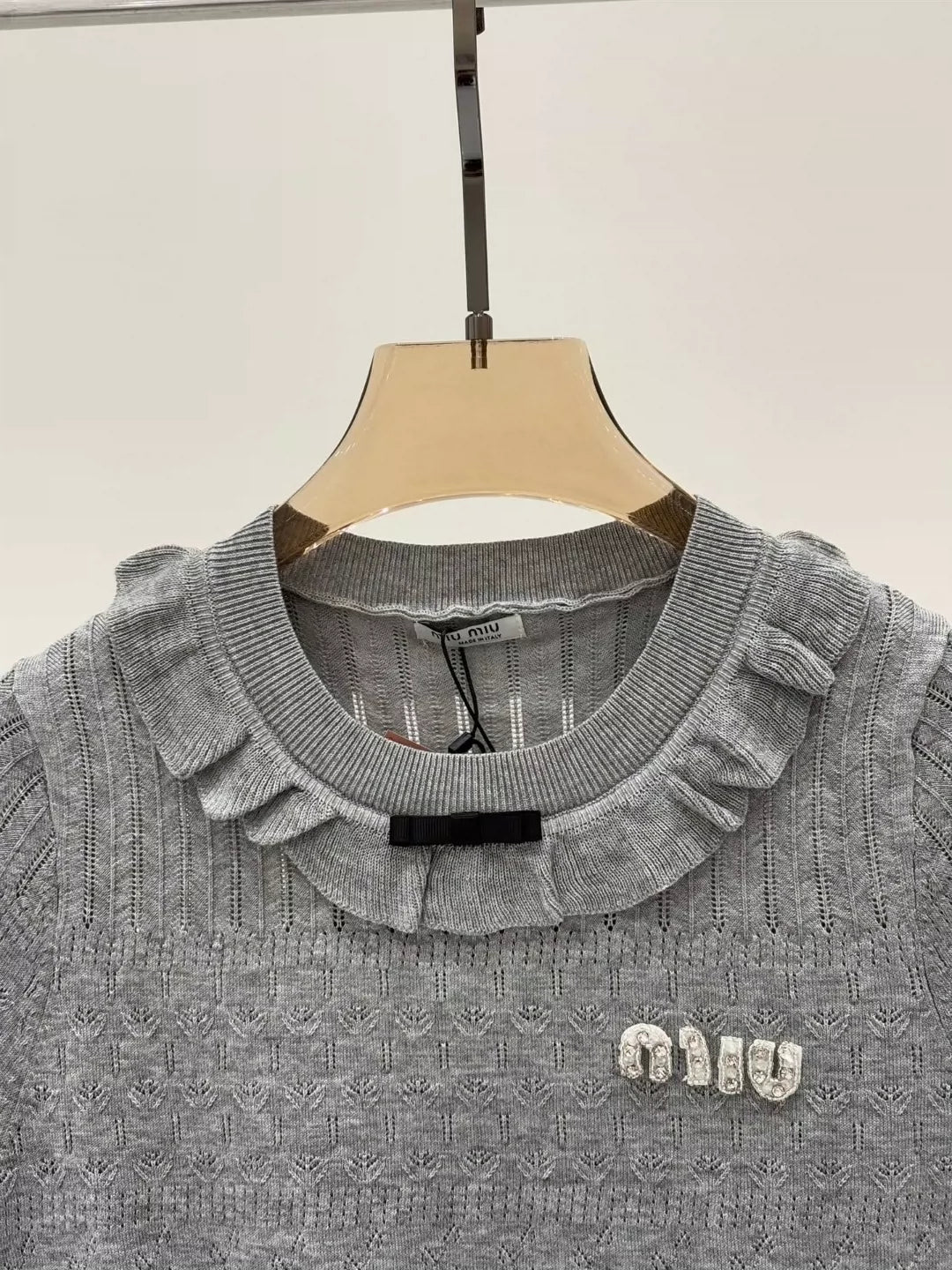 M 25 Early spring new round neck letter logo inlaid diamond ruffles decorative casual knitted short sleeves
