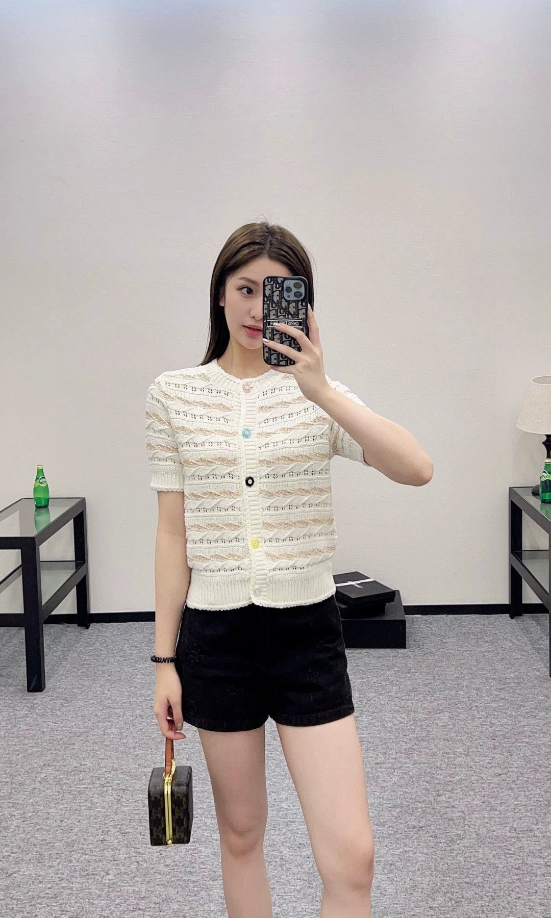 C 25 New Sequin Stripe Knit Short Sleeve Cardigan