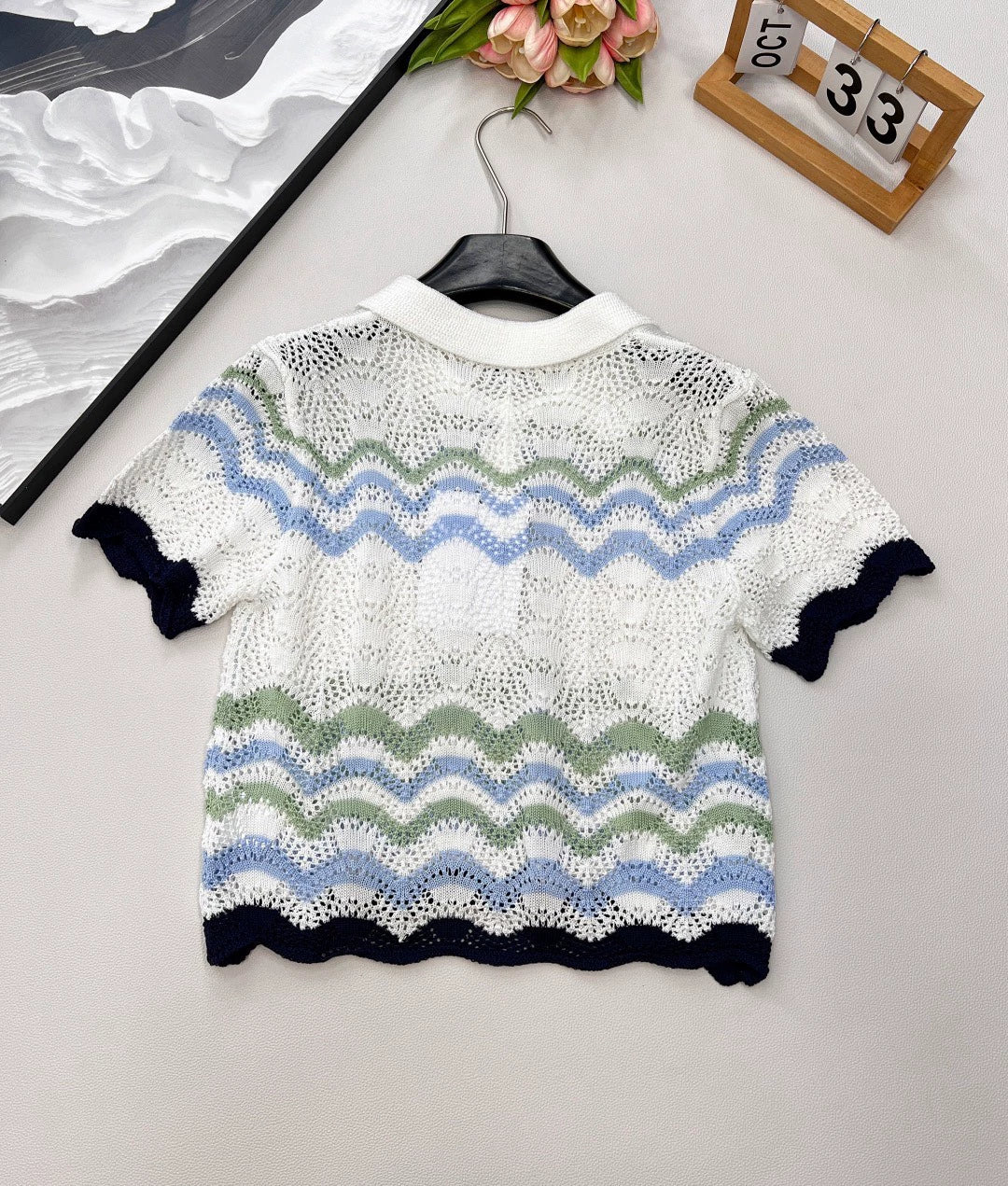 C 25 Summer new lapel stripes hollow letter logo three-dimensional knitted short sleeves
