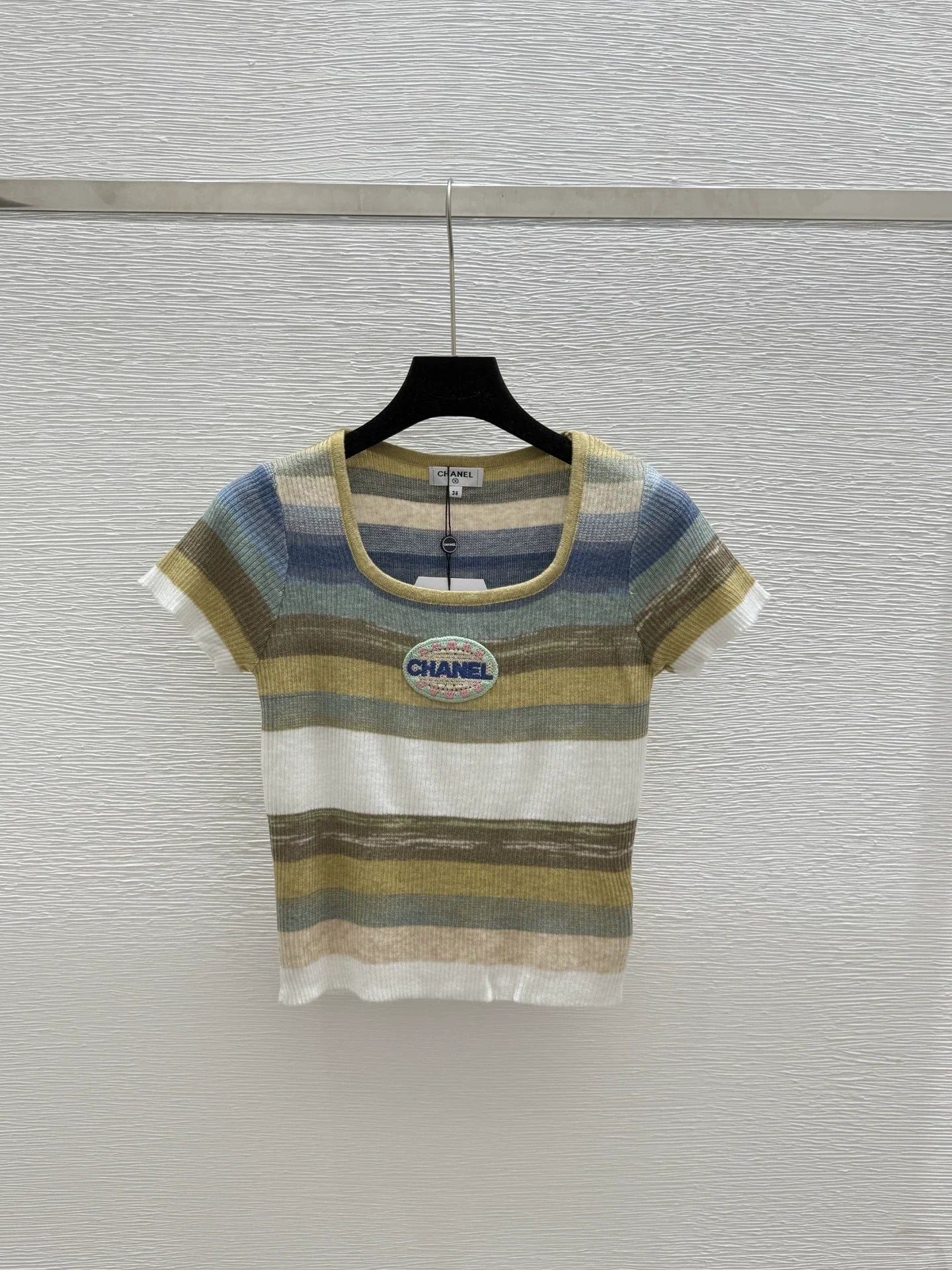 C 2025 Summer New Color Striped Knitted Short Sleeve Top