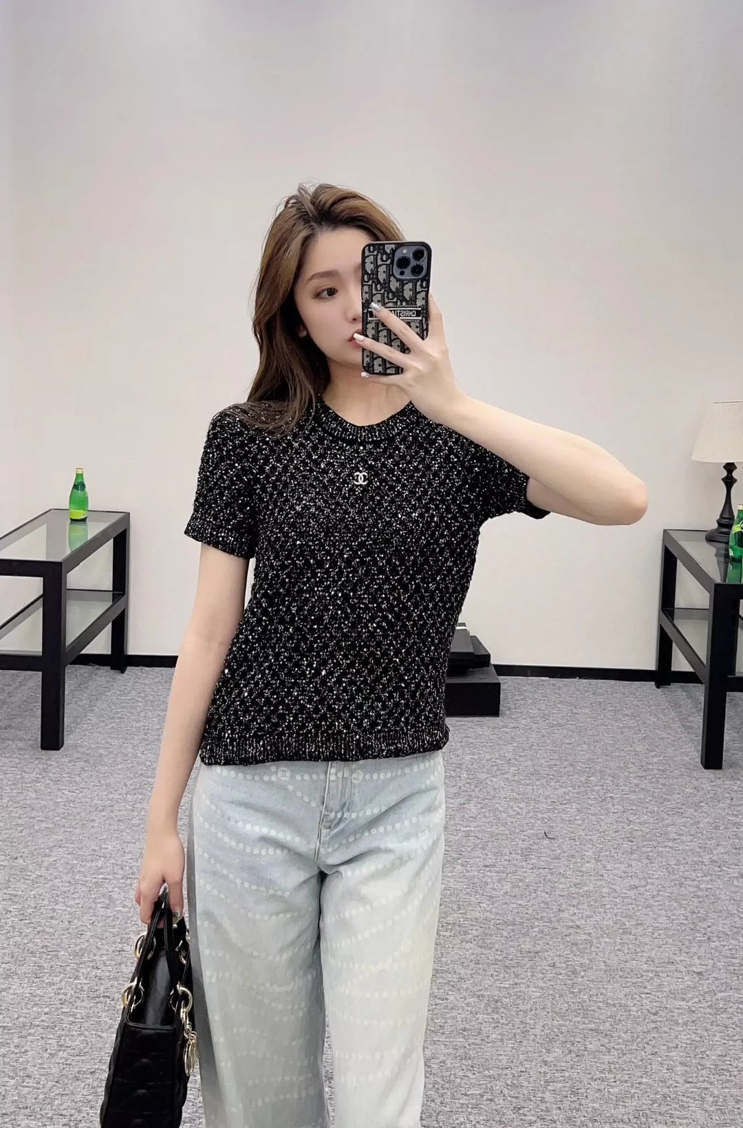 C 25 Beaded Micro Sheer Knit Short Sleeve Top(white pink black)