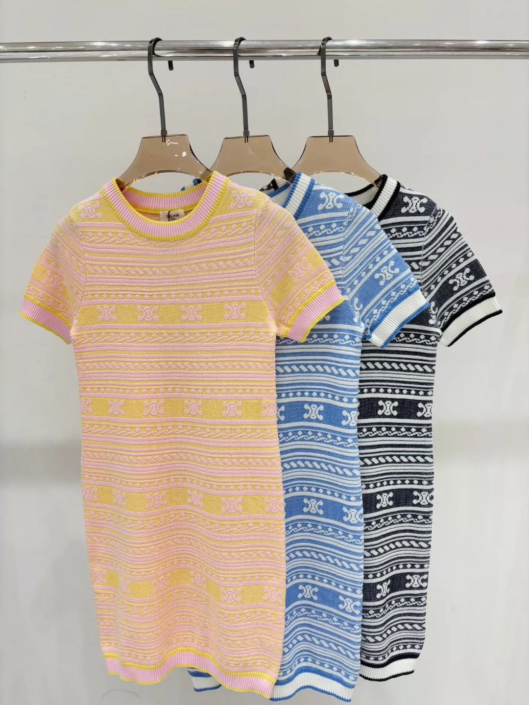 CE 25 Summer new round neck striped jacquard simple slim fit knitted dress