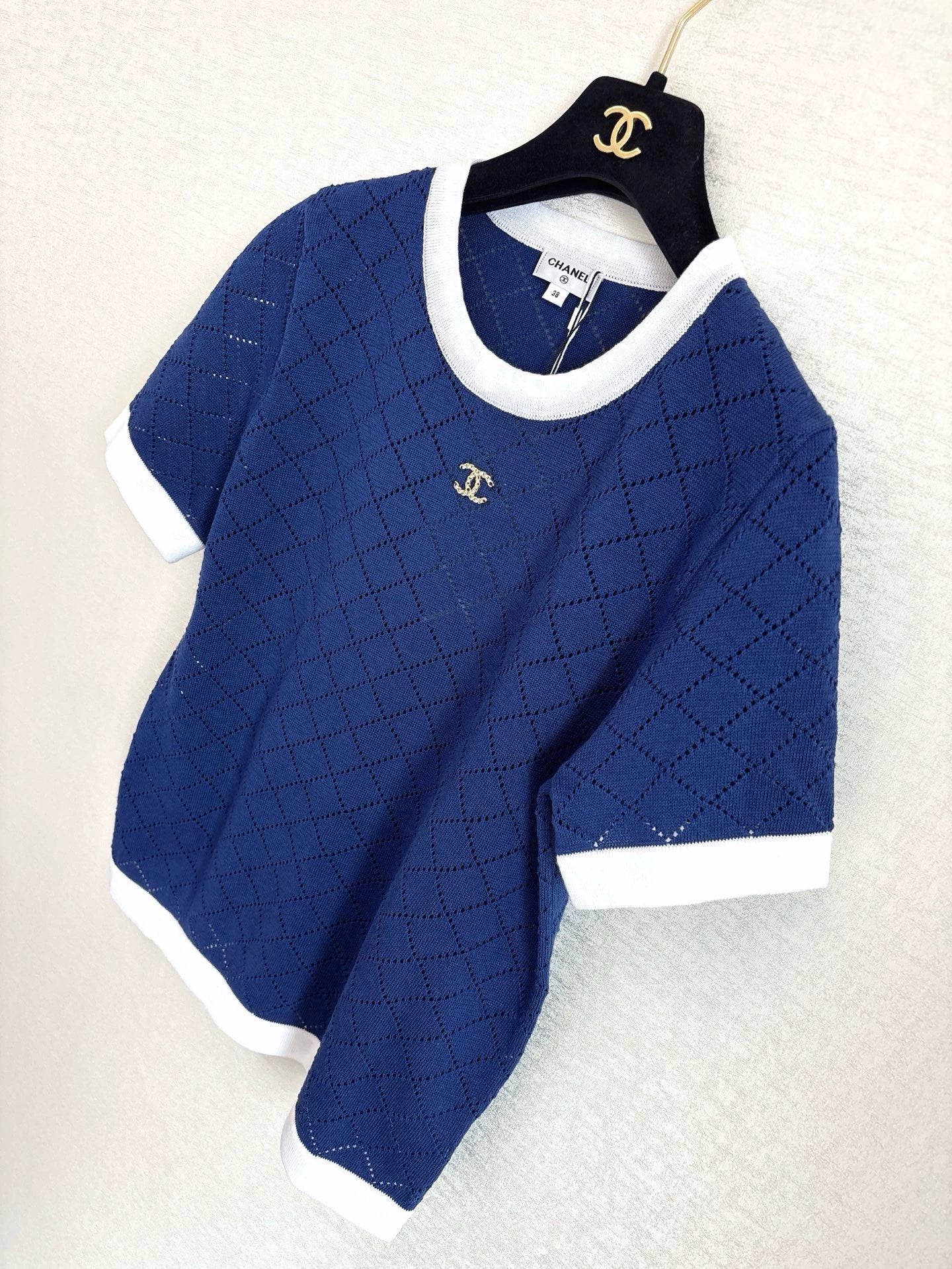 C 25 New Hollow Checkered Knit Short Sleeve