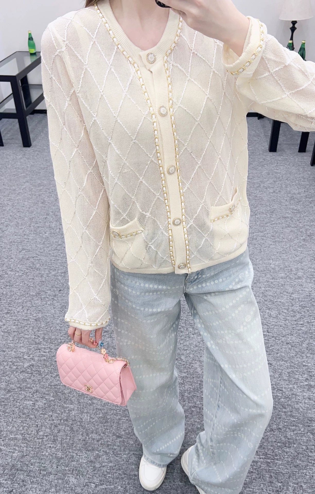 C 25 Heavy Chain Diamond Knit Cardigan