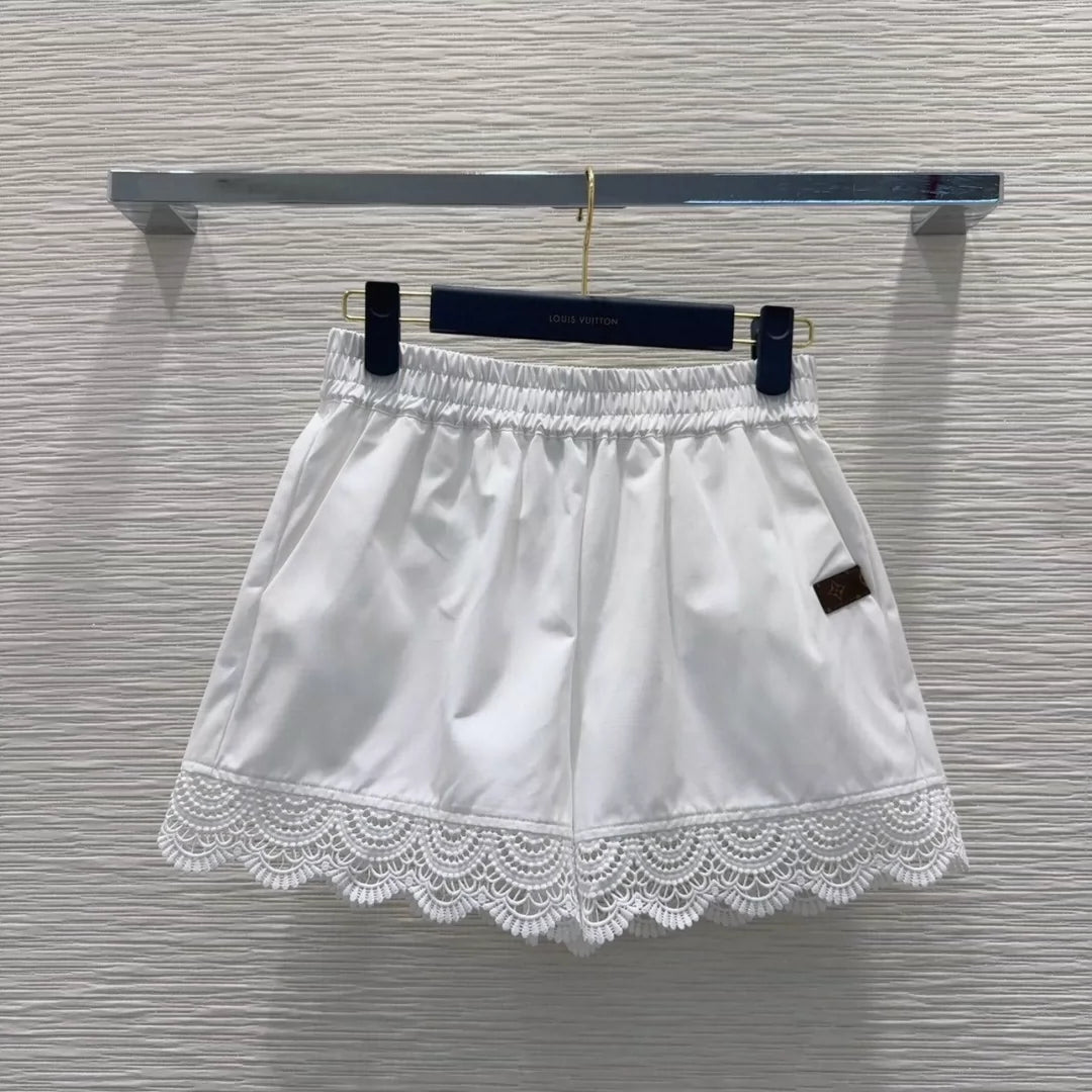L 25 New splicing lace pocket short sleeve shirt shorts set