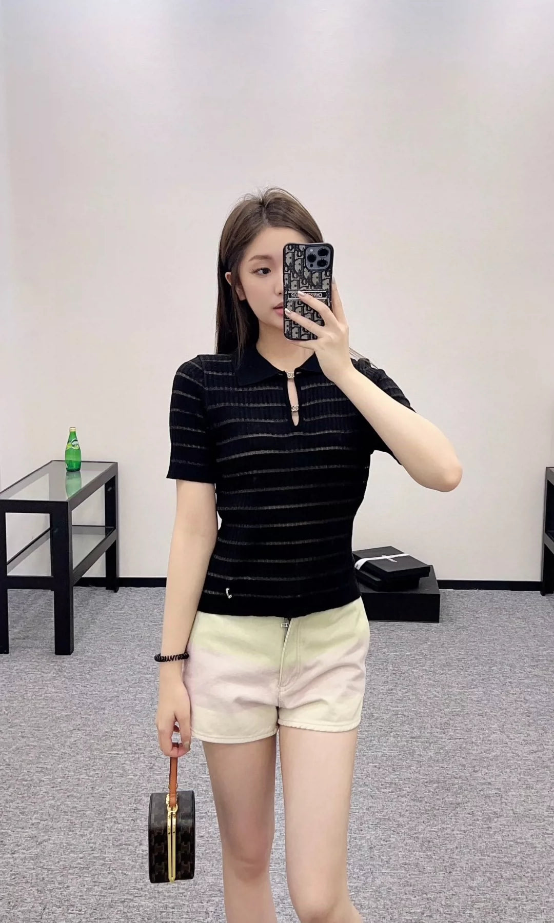 C 25 Spring/Summer New Hollow Front Striped Knit Short Sleeve Top(white gray pink balck)