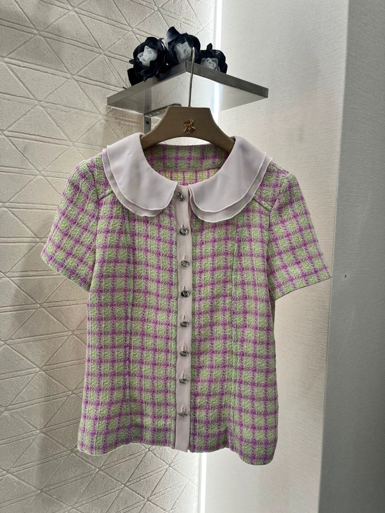 C 25 Spring/Summer New Tweed Patchwork Silk Lapel Short Sleeve Blouse