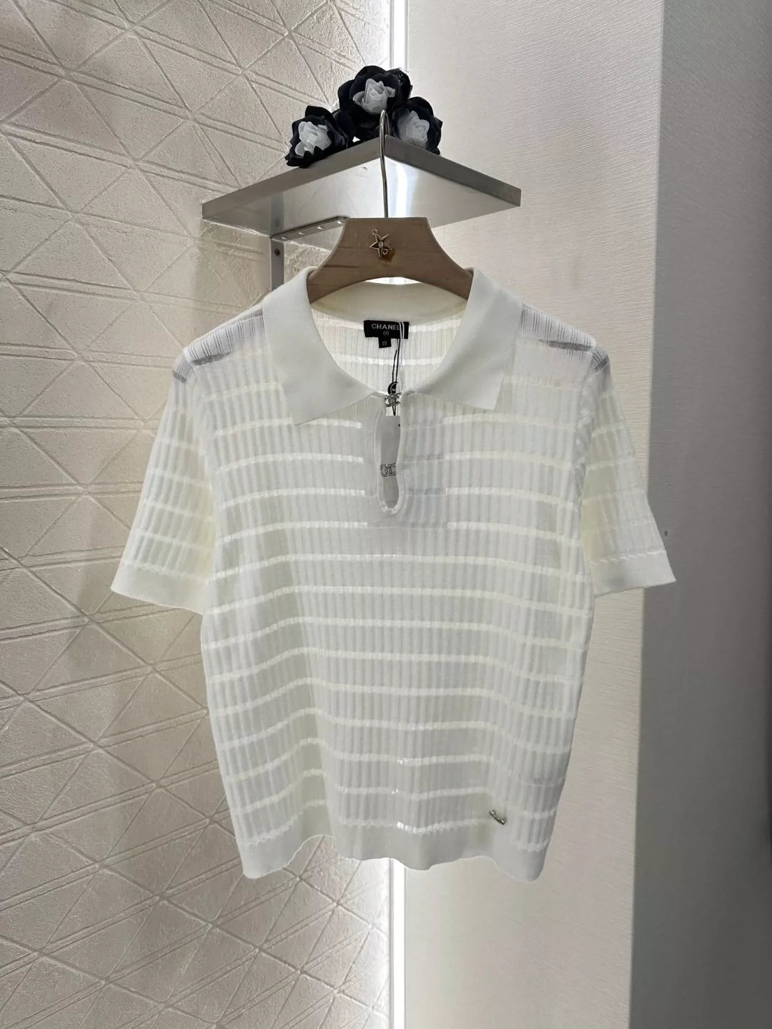 C 25 Spring/Summer New Hollow Front Striped Knit Short Sleeve Top(white gray pink balck)