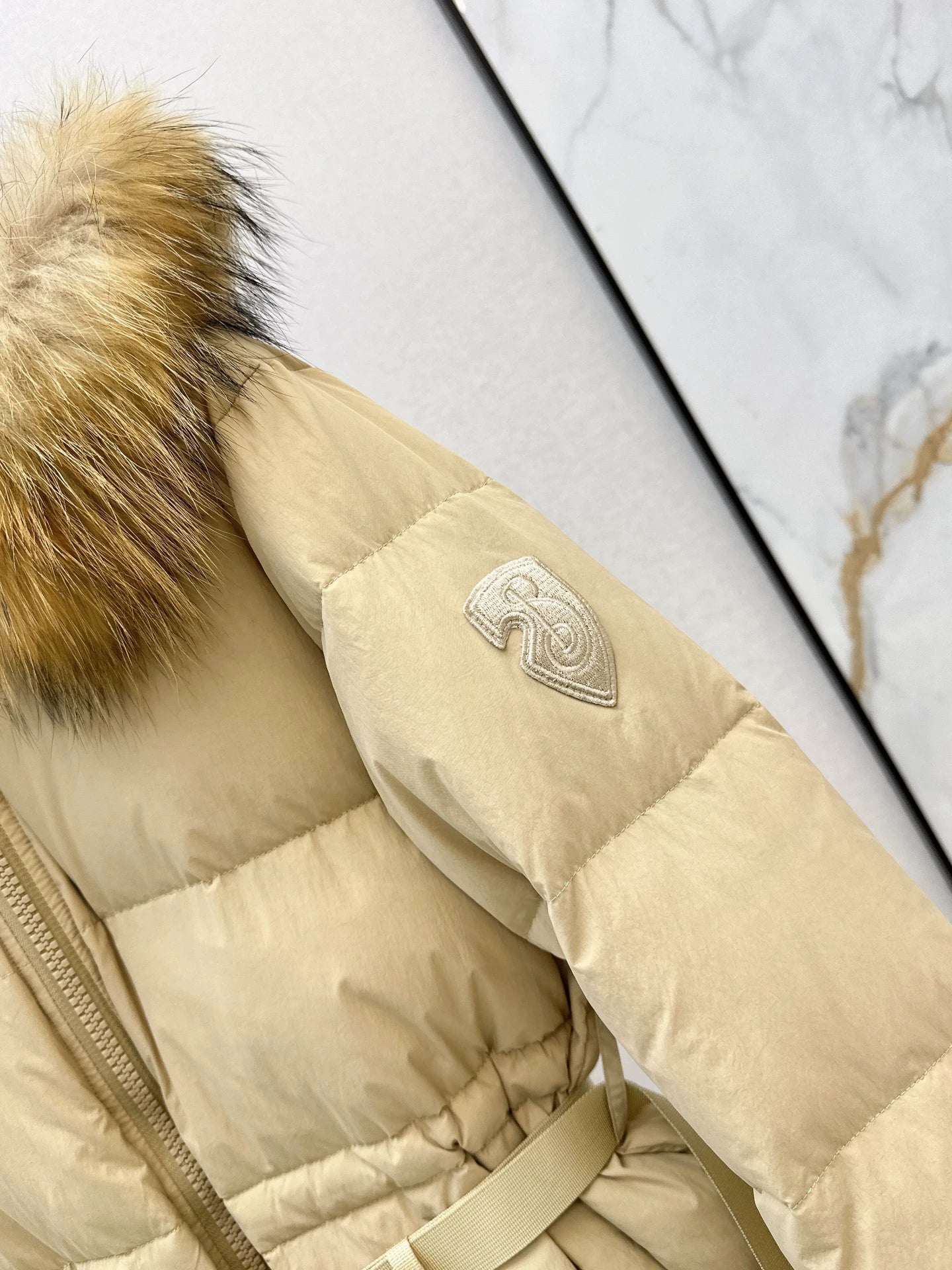 Bru 25 Waist waistband long down jacket ,raccoon fur collar(BLACK/WHITE/KHAKI)