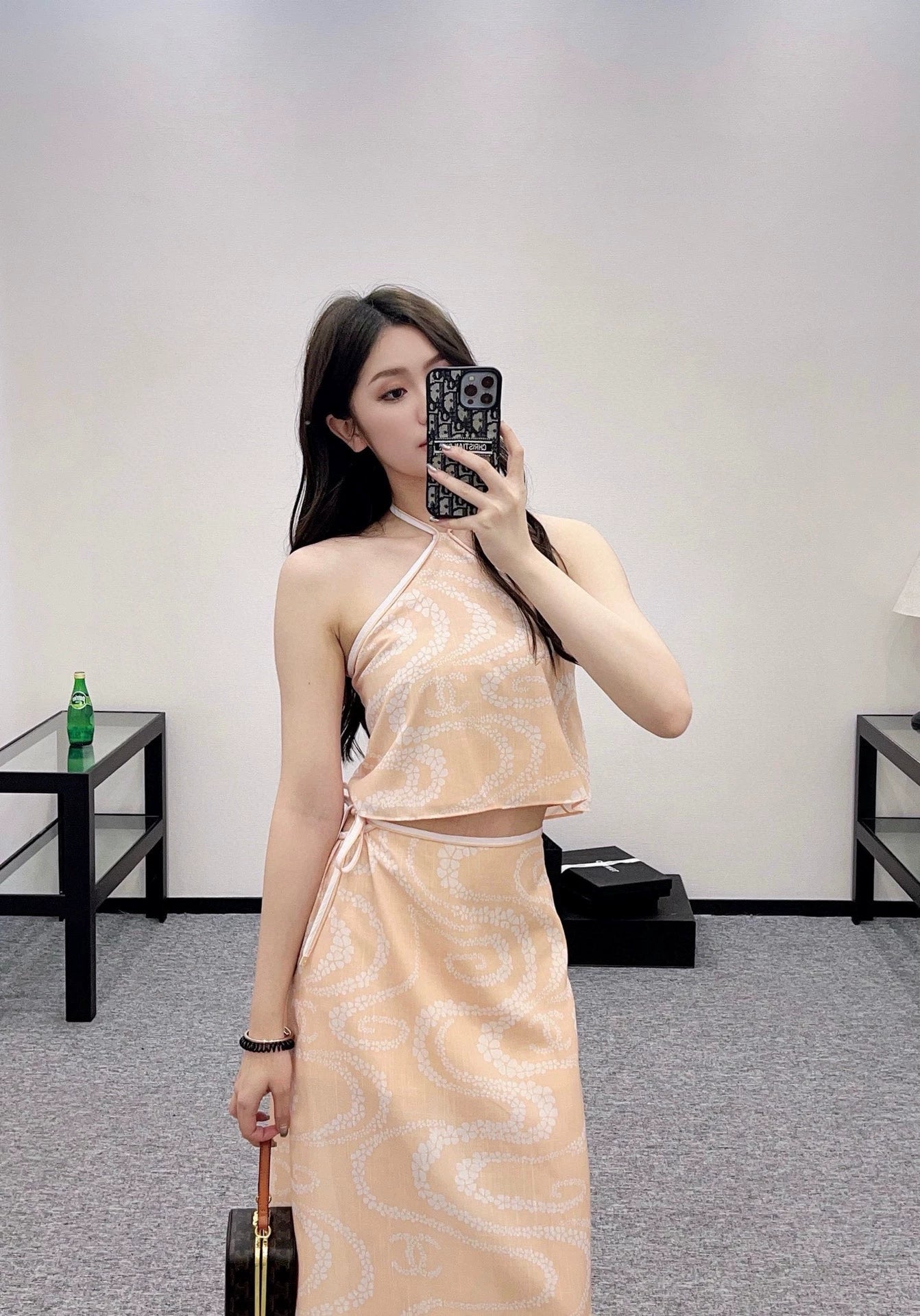 C 25 Printed Hanging Neck Vest Long Skirt Set(black pink orange)