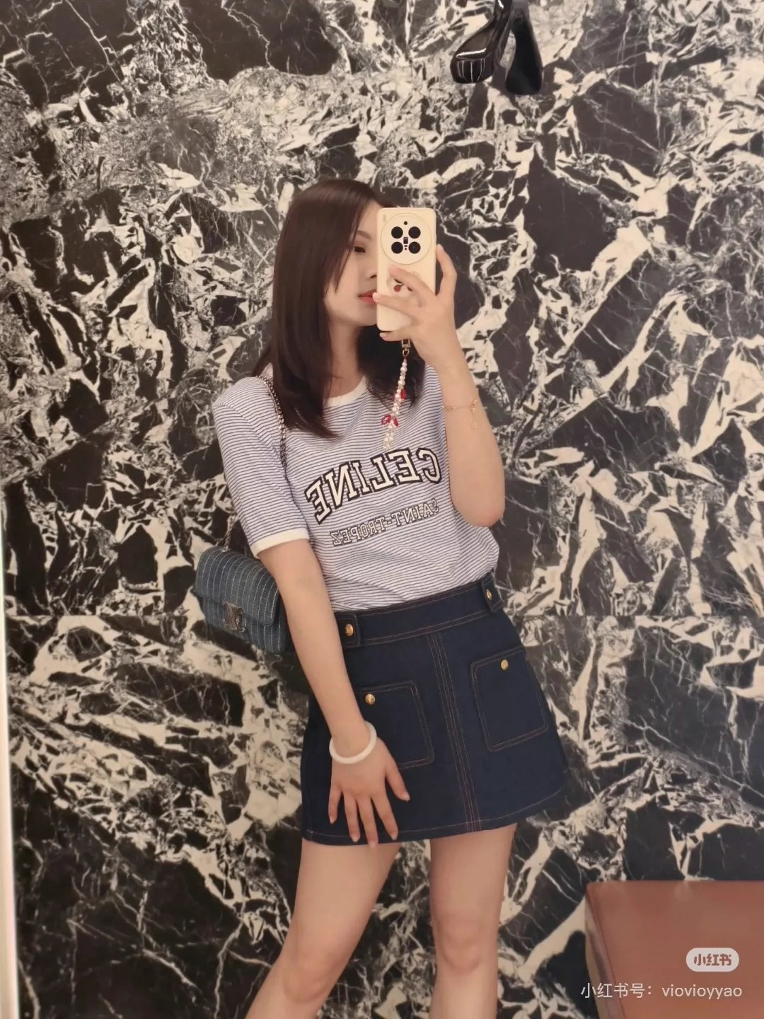 CE 25 College style blue striped cotton letter short-sleeved T-shirt
