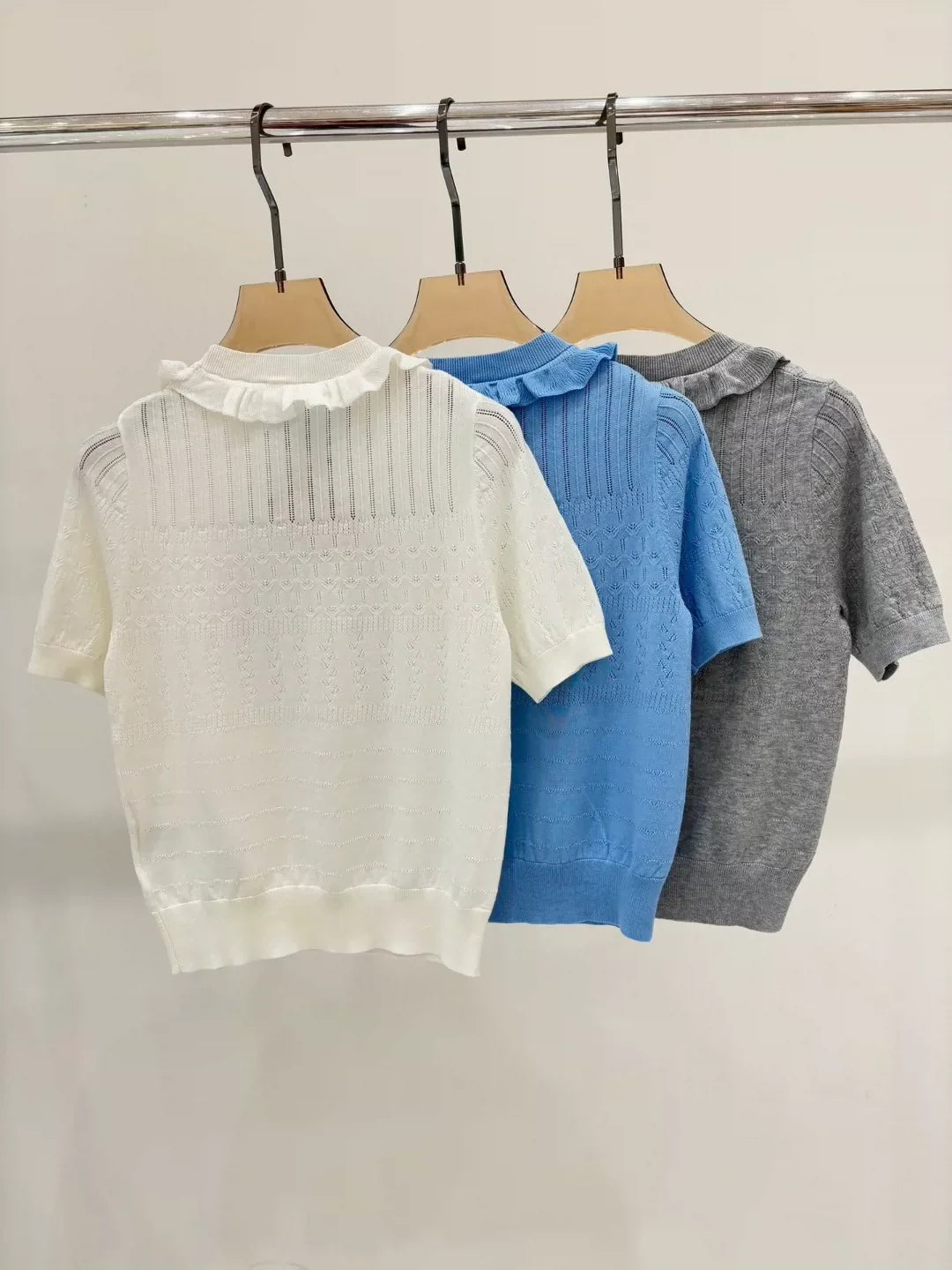 M 25 Early spring new round neck letter logo inlaid diamond ruffles decorative casual knitted short sleeves