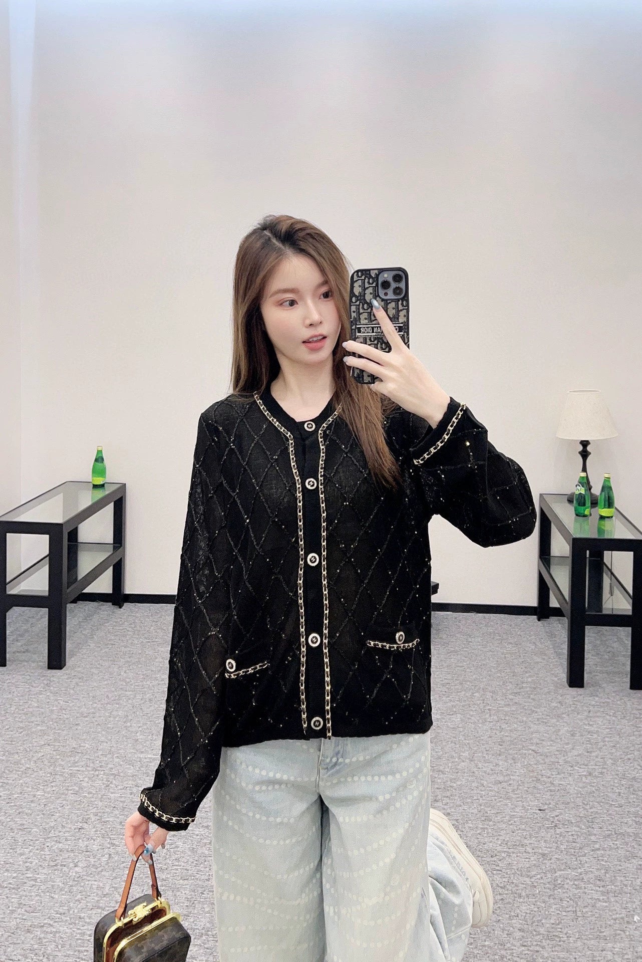 C 25 Heavy Chain Diamond Knit Cardigan
