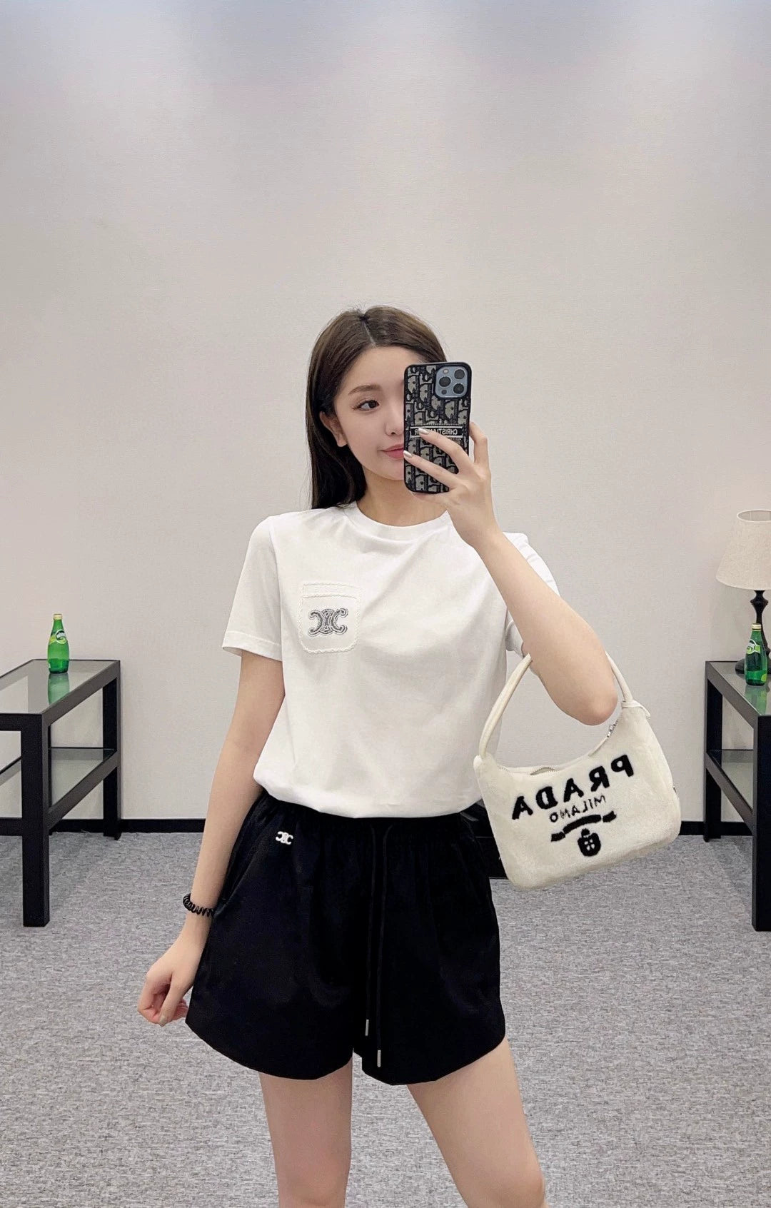 Ce 25 New Beaded embroidery letters round neck short sleeve T-shirt(pink black white)