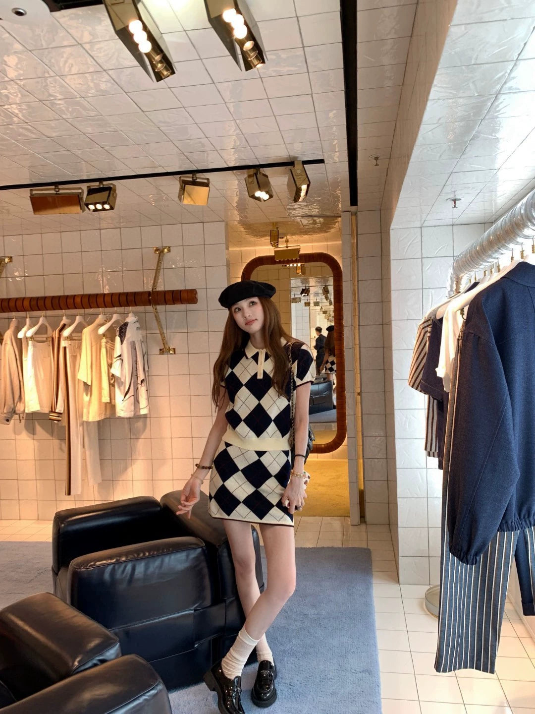 M 25 new age-reducing diamond polo collar knitted short sleeve + half-length skirt two-piece suit