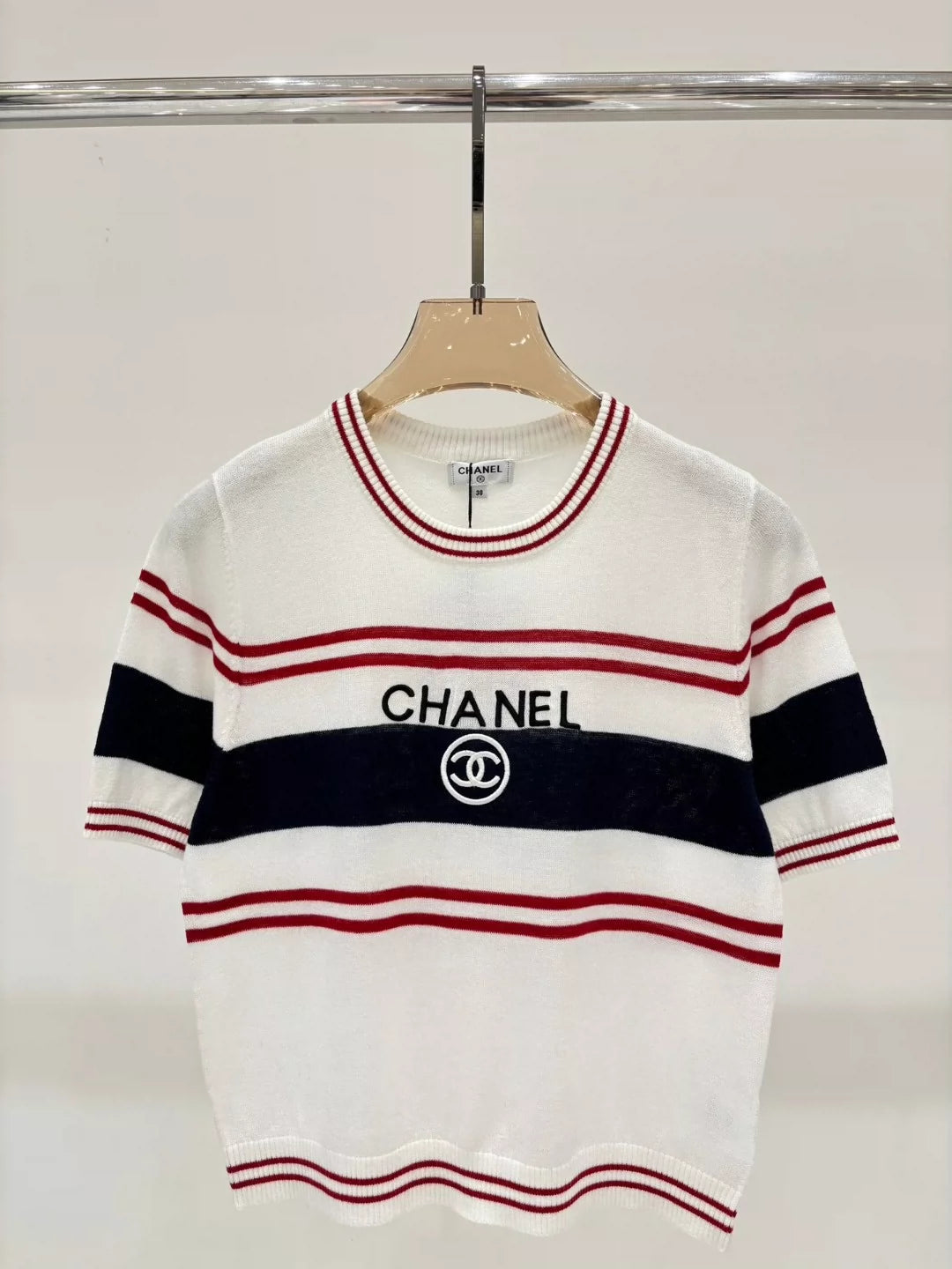 C 25 Summer new round neck letter jacquard striped color matching casual knitted short sleeves